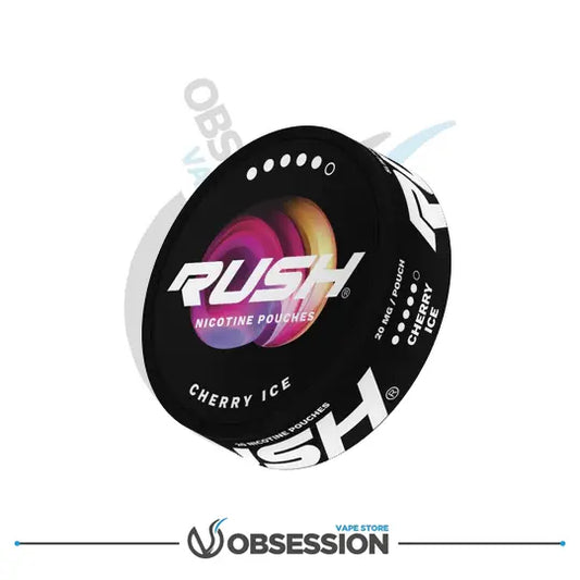 Rush nicotine pouches container with colorful design on a white background