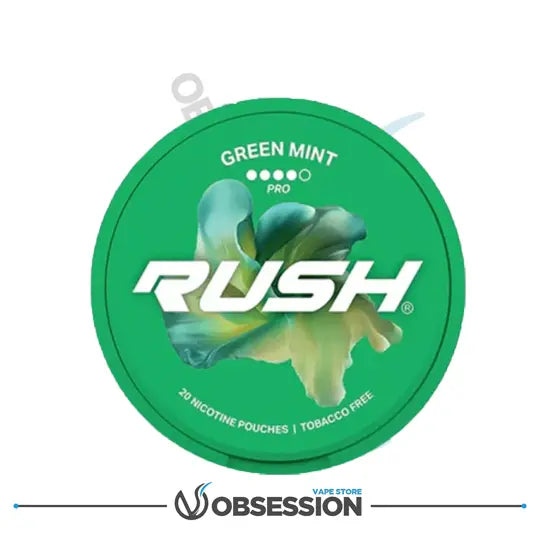 Green mint Rush nicotine pouch container with brand logo on a white background