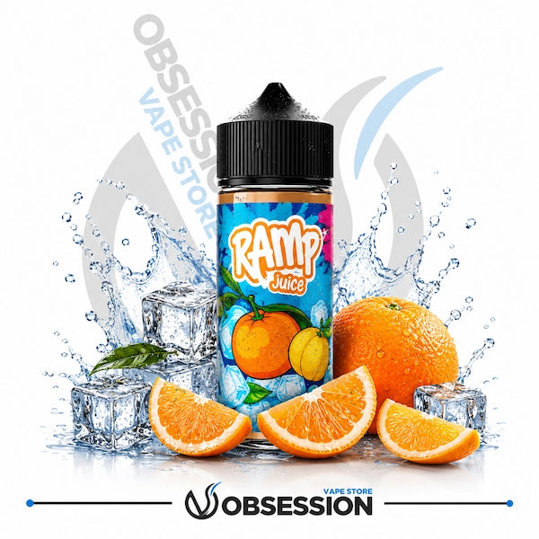 Ramp Juice vape juice bottle with oranges and ice cubes on a white background, featuring the Obsession Vape Store logo.