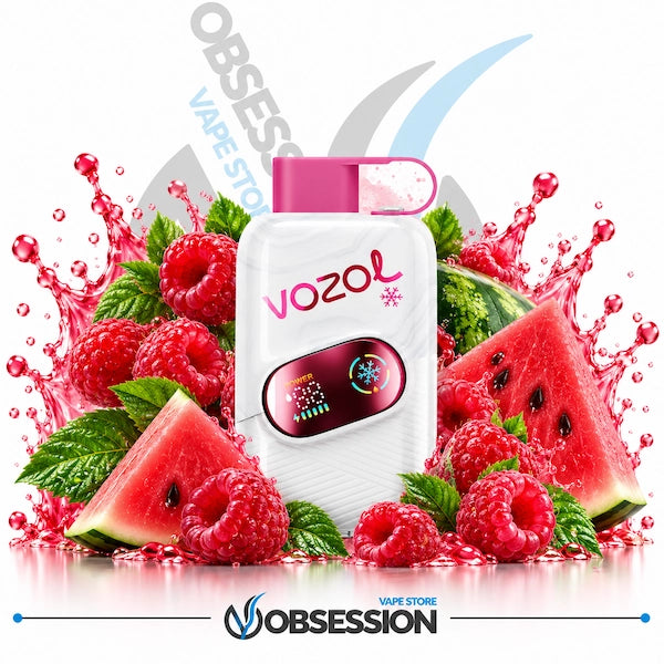 A white Vozol disposable vape device with a pink mouthpiece, surrounded by fresh watermelon slices, raspberries, and mint leaves on a white background with Obsession Vape Store branding.