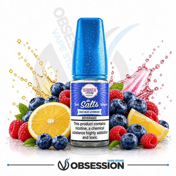 Razz Blue Lemonade Salt 30ml By Dinner Lady.webp shows a Dinner Lady Blue Razz Lemonade Salts vape juice bottle with a vibrant blue cap. The bottle is surrounded by fresh raspberries, plump blueberries with green leaves, and a juicy lemon slice tucked into the mix. The background features dynamic liquid splashes, with a yellow-orange splash on the left and a pinkish-red splash on the right, all set against a clean white background.