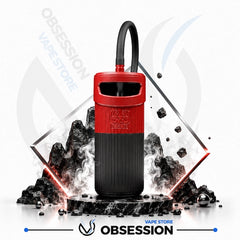 A Obsession OZO vape device in Red and dark gray, displayed with a black mouthpiece, surrounded by stylized black rocks, smoke effects, and geometric gold frames on a white background with Obsession branding.