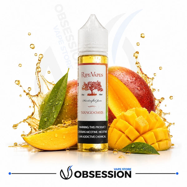 Ripe Vapes Mango Oasis vape juice bottle with mangoes and splashes on a white background