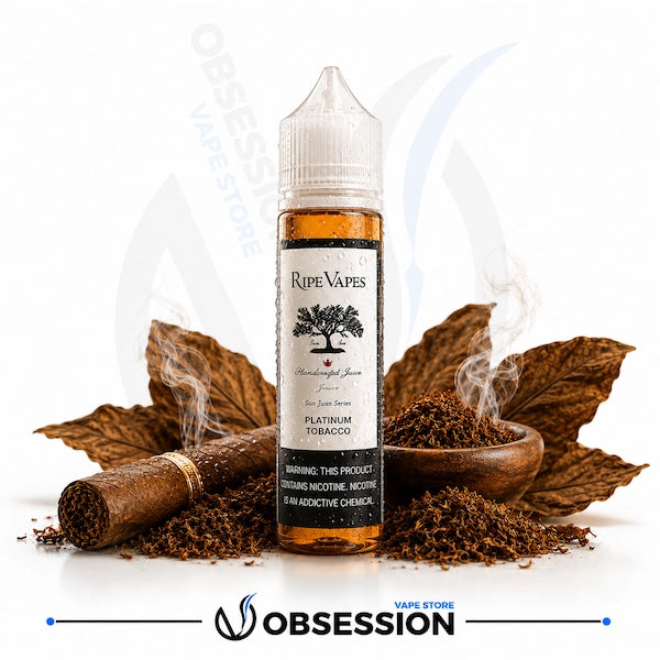 Ripe Vapes Platinum Tobacco vape juice bottle with tobacco leaves and a bowl of tobacco on a white background.