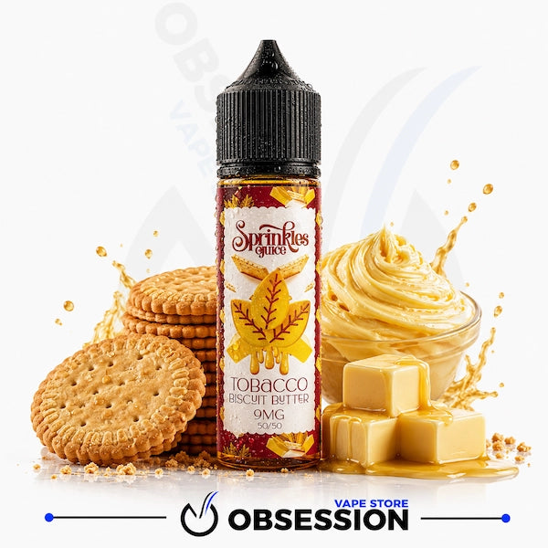A bottle of Sprinkles Glycerol e-liquid in Tobacco biscuit Butter flavor, styled with biscuits, caramel sauce, and ice cubes on a white background with an Obsession Vape Store watermark.
