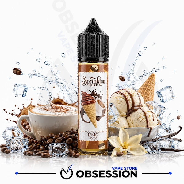 A bottle of Sprinkles E-liquid centered on a white background, surrounded by coffee beans, a cup of cappuccino, ice cream scoops, water splashes, and a vanilla flower. The bottle label reads 'Sprinkles E-liquid' and 'Cappuccino Coffee 12mg'.
