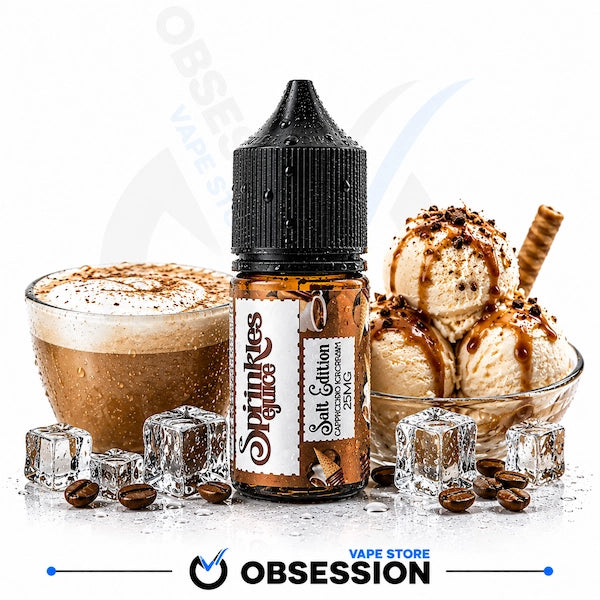 A bottle of Sprinkles Vapes Salt Caramel Syrup centered on a white background, flanked by a coffee drink, ice cubes, and ice cream scoops with caramel drizzle. The Obsession Vape Store logo is visible at the bottom.
