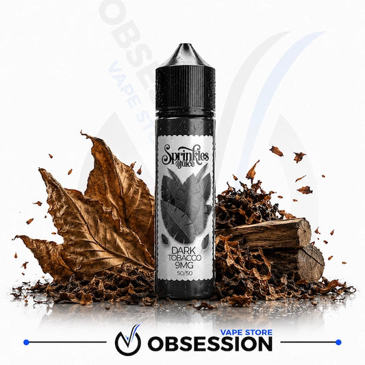 A 50ml bottle of Sprinfields Smoke 'Dark Tobacco 5mg' e-liquid, styled with dried tobacco leaves, tobacco powder, and wood chips on a white background with an 'OBSESSION VAPE STORE' watermark at the bottom.