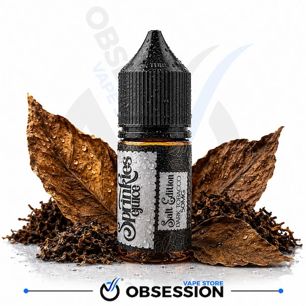 A bottle of Swinkles Glue Salt Edition Tobacco CO vape liquid, styled with dried tobacco leaves and tobacco stems on a white background with a 'Obsession Vape Store' watermark.