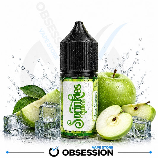 A bottle of Obsession Vape Store 'Snakes Juice' e-liquid, flavor Apple Salt Edition. The bottle is green with a black cap and features a white label with green script.