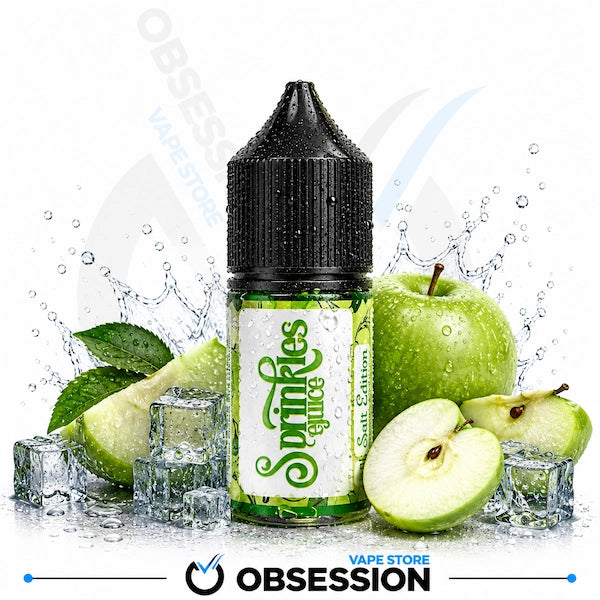 A bottle of Obsession Vape Store 'Snakes Juice' e-liquid, flavor Apple Salt Edition. The bottle is green with a black cap and features a white label with green script.