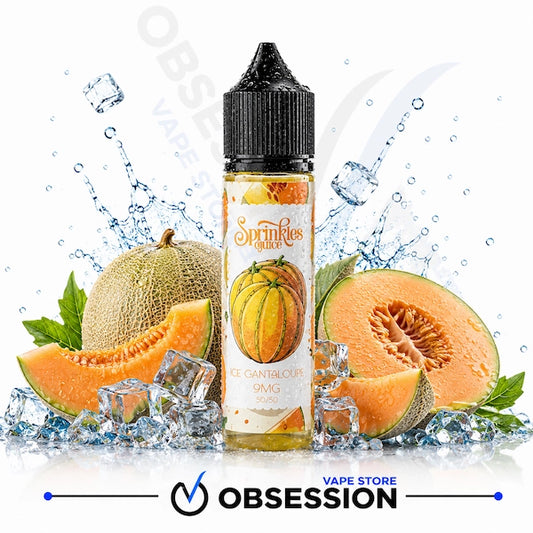 A bottle of Obsession Vape Store 'Sprinkles' Melon flavor e-liquid, featuring a black cap and a white label with a cantaloupe melon illustration. The bottle is centered against a white background with water splash graphics, melon slices, and ice cubes.