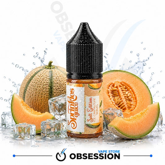 A bottle of Obsession Sparkle Salty Cucumber e-liquid centered on a white background, surrounded by fresh cantaloupe melon slices, a whole melon, ice cubes, and water splashes. The bottle has a black cap and a label showing orange melon graphics.