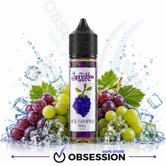 A 60ml bottle of Sprites Fragrances Ice Grapes 9mg e-liquid, styled with green and red grapes, ice cubes, and water splashes on a white background, with the Obsession Vape Store logo at the bottom.