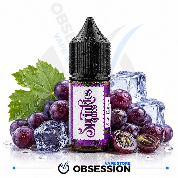 A bottle of Obsession Vape Store 'Sprinkles Juice' e-liquid, flavor 'Sunflower', shown with grape clusters, a grape leaf, and ice cubes on a white background with a brand watermark.