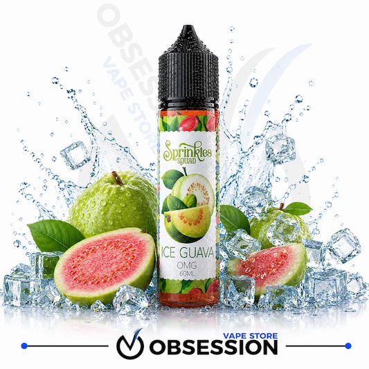 A bottle of Sprinkles Smooth Ice Guava e-liquid centered on a white background, surrounded by fresh guava fruit, ice cubes, and water splashes. The bottle label shows green and pink guava imagery, and the bottom of the image includes an Obsession Vape Store logo.