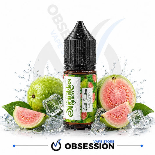 A bottle of Obsession Salt Edition Guava e-liquid by Sprinkles Juice, styled with fresh green and pink guavas, watermelon slices, ice cubes, and water splashes on a white background with a faint Obsession watermark.