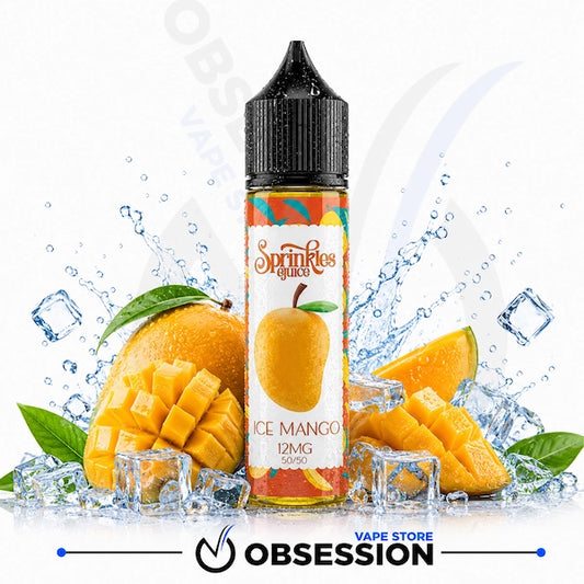 A bottle of Sprinkle Juice Ice Mango e-liquid, 12mg, 50ml, centered against a white background with water splashes, ice cubes, and fresh mango slices. A 'Vape Store Obsession' logo is visible at the bottom.