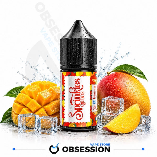 A bottle of Obsession Vapes 'Sprinkles Equino' e-liquid centered on a white background, surrounded by fresh mango slices, a whole mango, ice cubes, and water splashes. The bottle has a black cap and a colorful label with red, yellow, and white sprinkles.