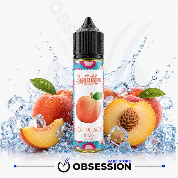 A bottle of Sparkle Juice 'Ice Peach' 12mg e-liquid is centered against a white background with a dynamic splash of water and fresh peaches, including whole peaches, sliced peaches showing yellow flesh, and ice cubes. The brand 'Obsession' is visible at the bottom.