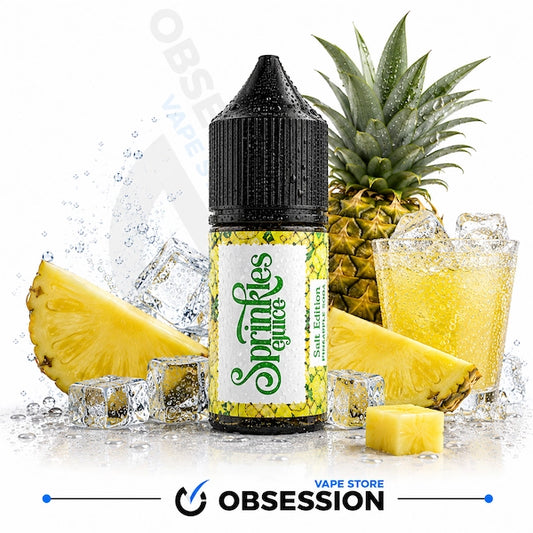 A bottle of Sprinkles Juice e-liquid, Salt Edition, centered on a white background with a whole pineapple, pineapple slices, ice cubes, and a glass of yellow drink. The brand Obsession Vape Store is visible at the bottom.
