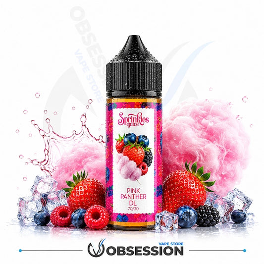 A bottle of e-liquid centered on a white background, surrounded by strawberries, blueberries, blackberries, ice cubes, pink cotton candy, and a pink splash graphic. The bottle label reads 'Sweets by Obession' and 'Pink Panther DL 70/30'.