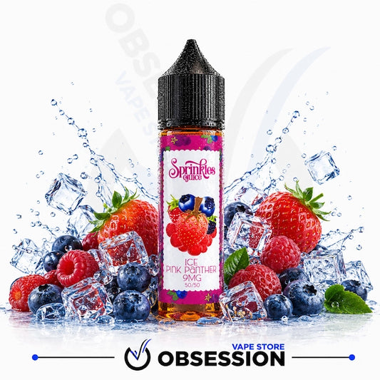 A bottle of e-liquid from Sprinklez Liquor labeled 'Ice Pink Panther 5MG' stands upright in the center, surrounded by fresh strawberries, blueberries, raspberries, ice cubes, and water splashes on a white background. A large 'OBSESSION VAPE STORE' watermark is visible at the bottom.
