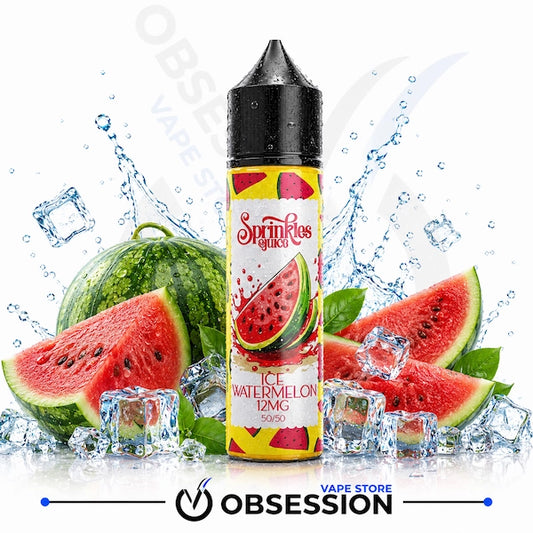 A bottle of SprinRies Juice Ice Watermelon e-liquid, 12mg/ml, 50ml, centered against a white background with water splashes, ice cubes, and fresh watermelon slices. A 'Obsession' store watermark is visible at the bottom.