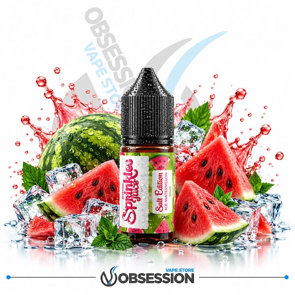 A bottle of Obsession Salt Caneen e-liquid flavoring, labeled 'Spritees Citrus Cucumber', is centered against a white background with a dynamic watermelon and ice splash graphic.