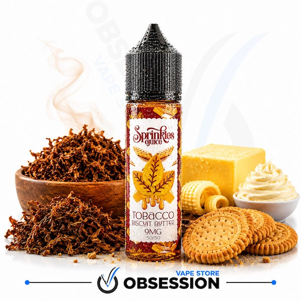 A bottle of SpringRz Juice e-liquid in Tobacco Biscuit Butter flavor, surrounded by visual props representing the flavor profile: loose tobacco leaves in a wooden bowl, biscuit cookies, a square of butter, and a dollop of cream, all on a white background with an 'OBSESSION VAPE STORE' watermark at the bottom.