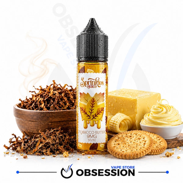 A bottle of Sprinkle Equus Tobacco Butter 9mg e-liquid stands centered on a white background, surrounded by flavor props including loose tobacco, a block of butter, a swirl of butter, and cookies. A large 'OBSESSION VAPE STORE' watermark is visible at the bottom.