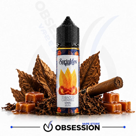 A bottle of Sparkles e-liquid in Tobacco Caramel 12mg, surrounded by caramel cubes, dried leaves, a cigar, and tobacco stems on a white background with an Obsession Vape Store watermark.