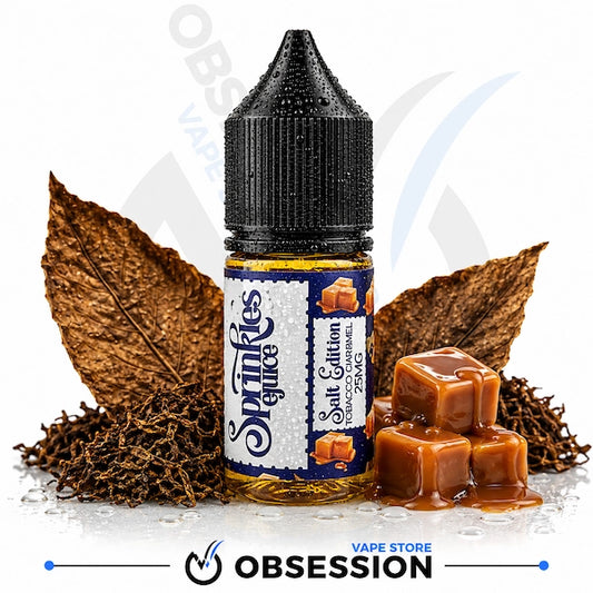 A bottle of Sprinkles Juice Salt Edition e-liquid centered on a white background, surrounded by brown tobacco leaves, tobacco stems, and caramel cubes. The bottle has a black cap and a blue-and-white label.