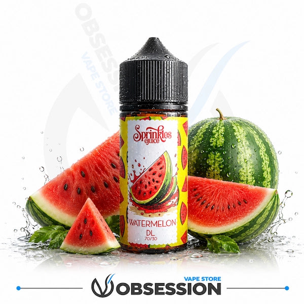 A bottle of Springfoe Juice Watermelon DL e-liquid centered on a white background, surrounded by fresh watermelon slices, a whole watermelon, mint leaves, and water splashes. A large translucent 'OBSESSION VAPE STORE' watermark overlays the image, and a smaller 'OBSESSION' logo appears at the bottom.