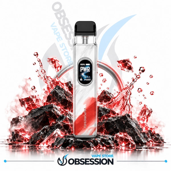 A clear disposable vape device with a black mouthpiece and a digital display, set against a dramatic background of red liquid splashes, black rocks, and ice crystals. The brand name 'Obsession' is visible on the device and as a watermark/logo in the background.
