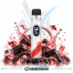 A clear disposable vape device with a black mouthpiece and a digital display, set against a dramatic background of red liquid splashes, black rocks, and ice crystals. The brand name 'Obsession' is visible on the device and as a watermark/logo in the background.