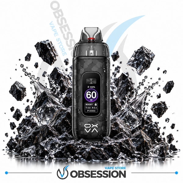 A black Obsession vape device with a digital display screen, shown in the center of a stylized graphic with black coal chunks and water splashes on a white background. The Obsession brand logo is visible at the bottom.