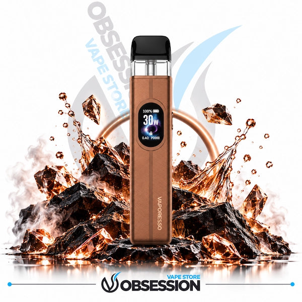 A copper-colored Vaporesso 400 vape device with a black mouthpiece and digital screen, set against a dramatic background of melting ice and rocks with water splashes. The background features a large semi-transparent 'OBSESSION VAPE STORE' watermark and a 'OBSESSION' logo at the bottom.