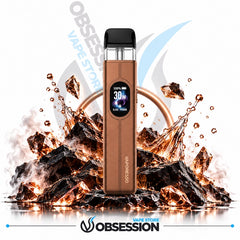 A copper-colored Vaporesso 400 vape device with a black mouthpiece and digital screen, set against a dramatic background of melting ice and rocks with water splashes. The background features a large semi-transparent 'OBSESSION VAPE STORE' watermark and a 'OBSESSION' logo at the bottom.