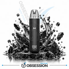 A black OBSESSION vape device stands upright in a stylized splash of dark water and rocks on a white background, with the OBSESSION brand name and logo visible at the bottom.