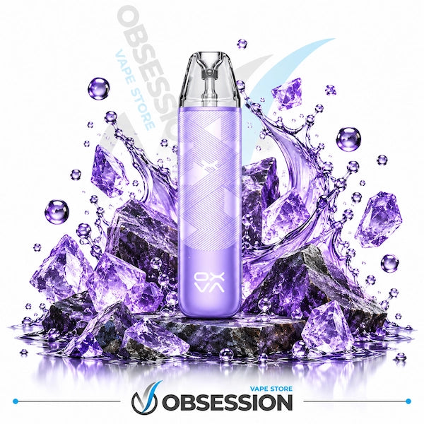 A purple disposable vape device stands centered on a reflective surface surrounded by purple ice crystals and water droplets, with Obsession branding and 'VAPE STORE' text visible.