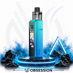 A blue and black Obsession vape device with a digital display screen, standing on a glowing circular platform with stylized blue smoke, dark rocks, and a neon triangle graphic against a white background.
