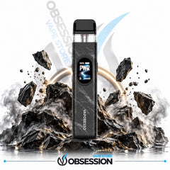 A black Magresso vape device with a digital display screen, standing on a stylized pile of floating rocks and smoke. The background is white with a faint 'Obsession Vape Store' watermark and logo at the bottom.