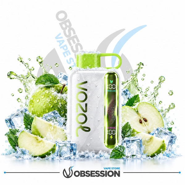 A white and green Vozol vape device surrounded by ice cubes, sliced green apples, and mint leaves on a white background, with Obsession branding at the bottom.