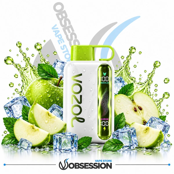 A white VOOZOL vape device with a bright green mouthpiece and side panel, surrounded by green apples, apple slices, mint leaves, and ice cubes on a white background with water splashes. The Obsession brand logo is visible at the bottom.