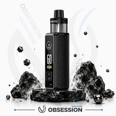A black Obsession Vapeco vape device with a digital display showing '60' and textured grip panels, styled on a dark stone pedestal with floating black rocks and smoke effects against a white background with Obsession branding.
