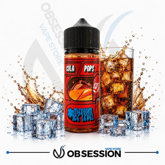 Cola Pops vape juice bottle with ice cubes and cola splash, Obsession Vape Store branding.