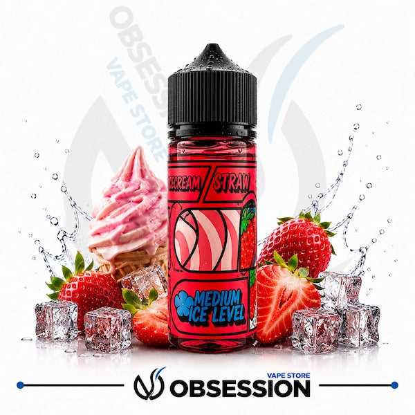 Vape juice bottle with strawberry flavor surrounded by strawberries and ice cubes on a white background.
