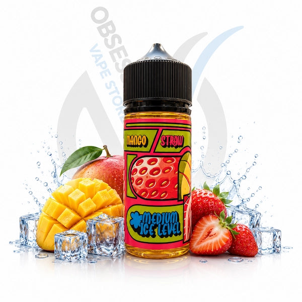 Mango Strawberry vape juice bottle with mango, strawberry, and ice cubes on a white background