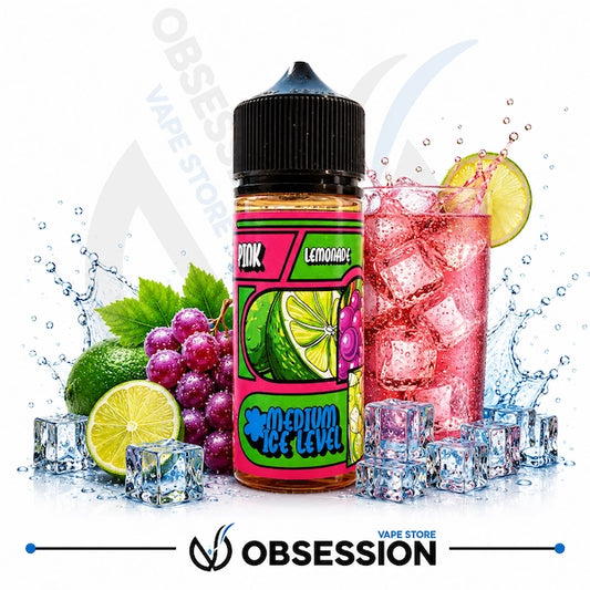 Vape juice bottle with lemonade flavor surrounded by lime, grapes, and a glass of pink drink with ice.